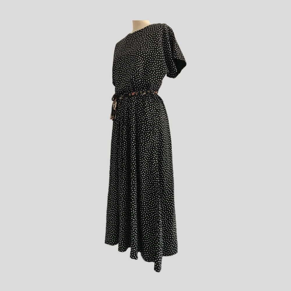 Vintage 1980s Black Polka Dot Pleated Short Sleeve Midi Dress, Womens Size M/L